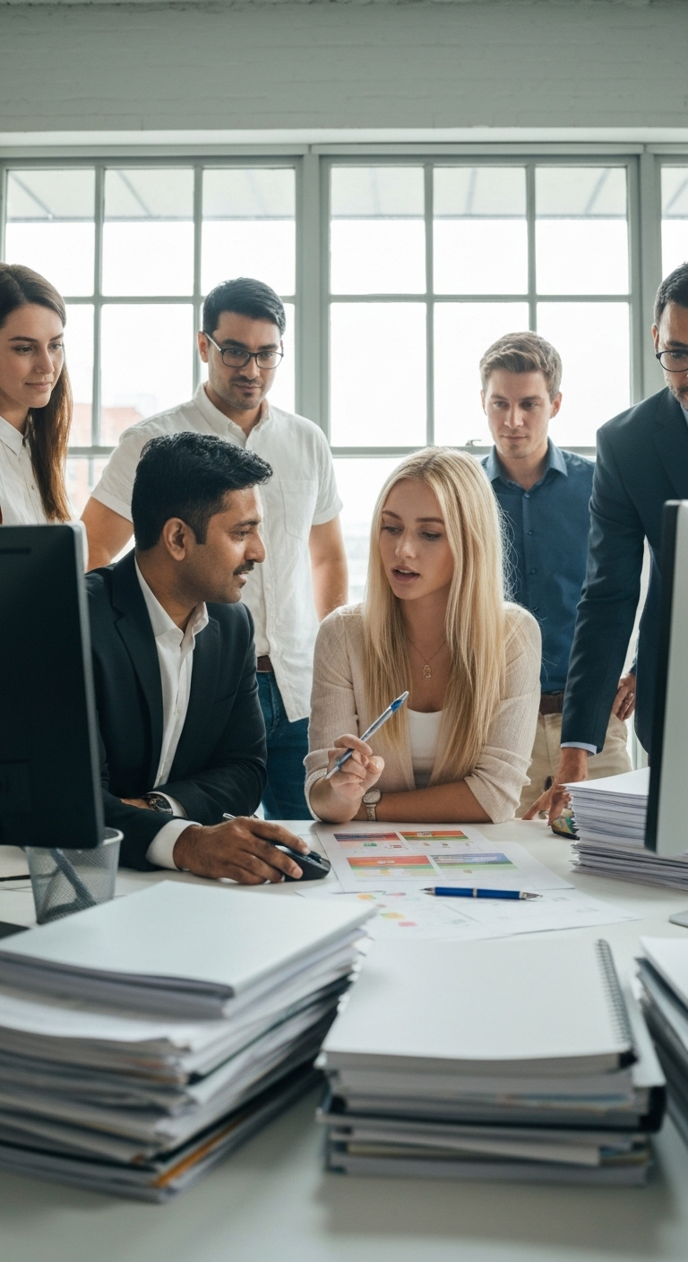 A team of diverse professionals in a meeting, representing a growing business referral network.