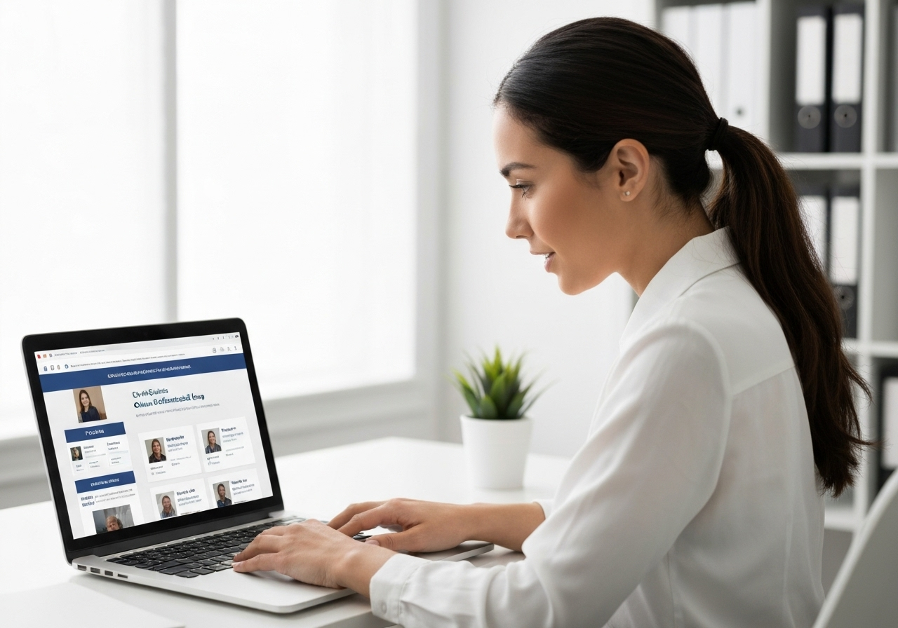 An entrepreneur finding the best online referral group on their laptop.