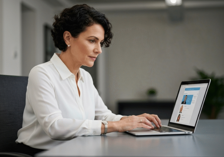 A professional working on a laptop, participating in a virtual referral network.