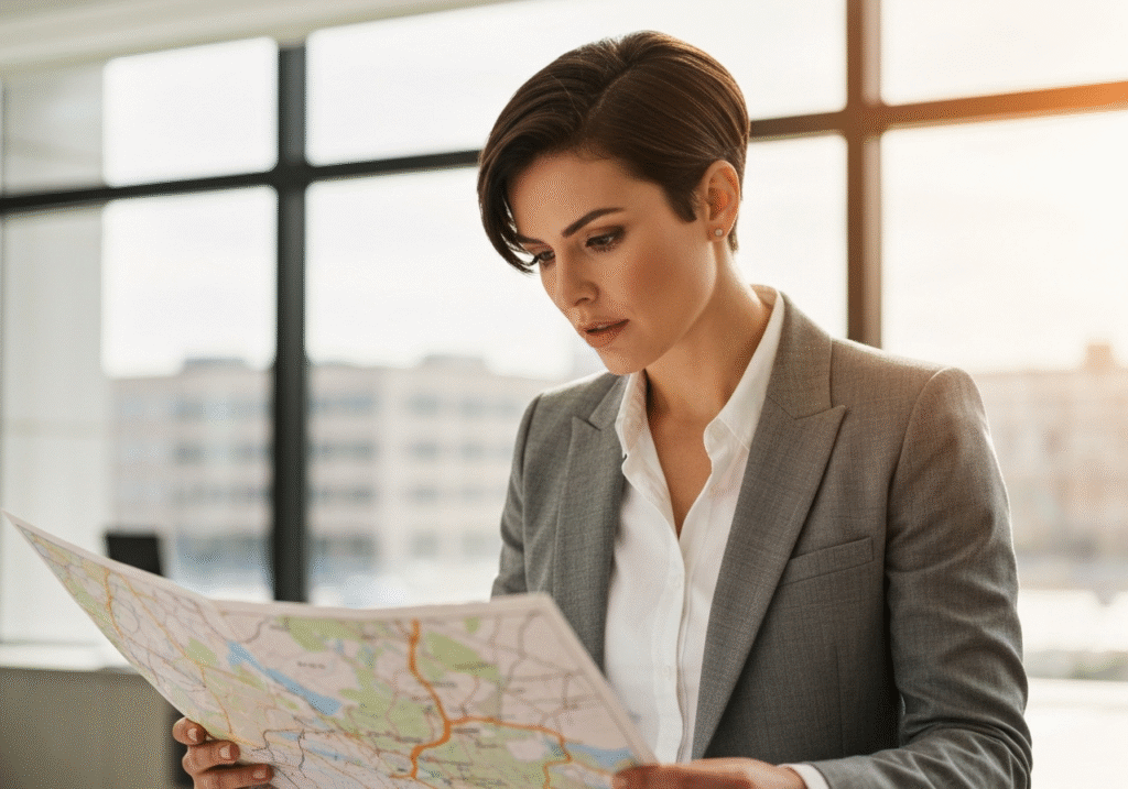A professional using a map to find a referral group.