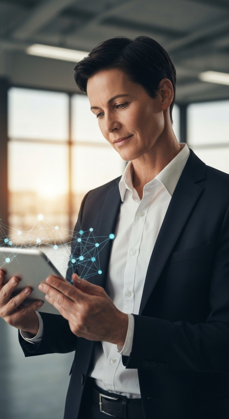 A professional man holding a tablet that displays a glowing digital network graphic.