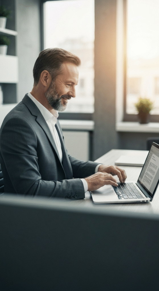 A professional man using a laptop to connect with his virtual referral network.